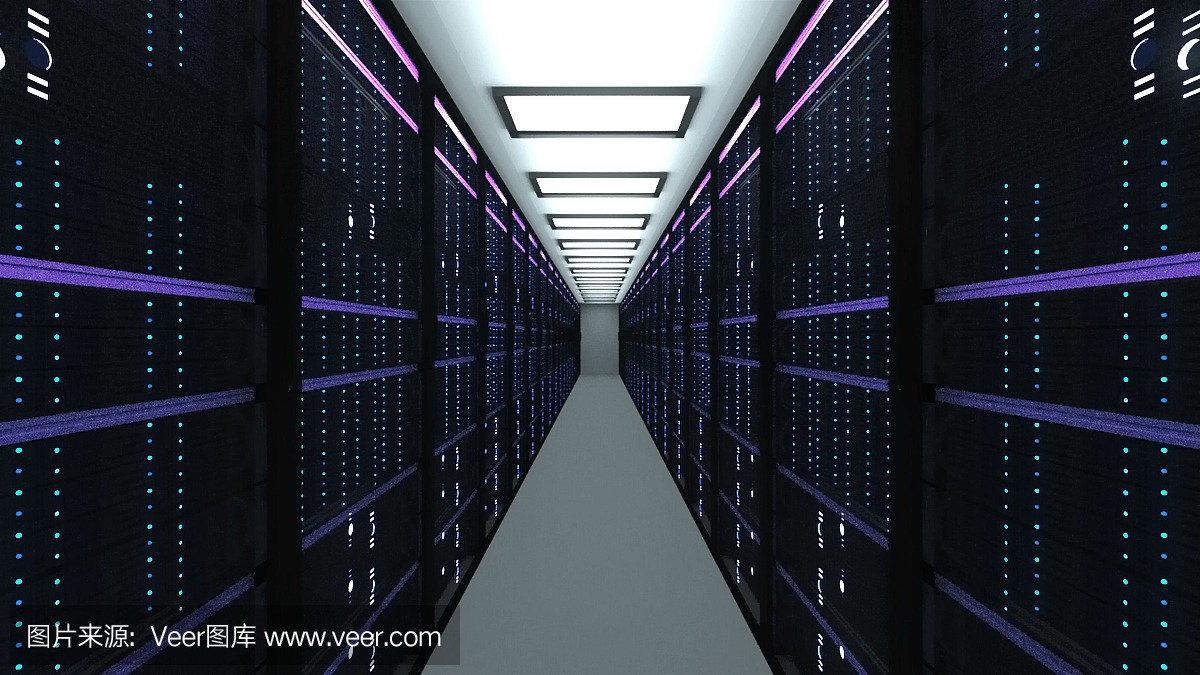 數(shù)據(jù)中心的現(xiàn)代服務器室內(nèi)部,網(wǎng)絡和互聯(lián)網(wǎng)通信技術,大數(shù)據(jù)存儲和云服務概念,3d渲染